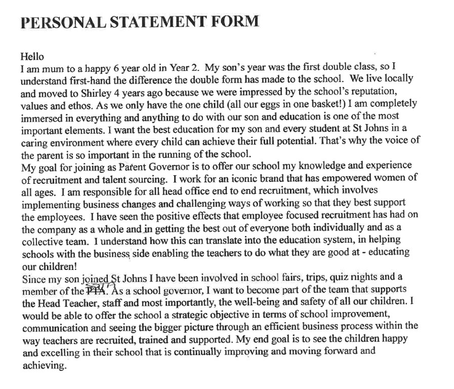 school staff governor personal statement examples